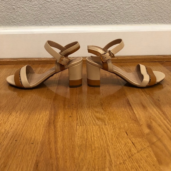 Brown & Tan Thick Heels with Gold Trim - Picture 2 of 7